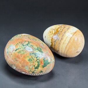 Natural Polished Jasper Stone Eggs Set of 2 Green Tan Brown Decorative Minerals
